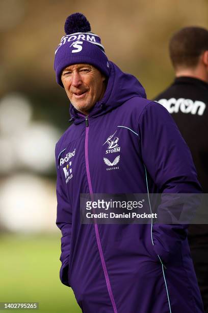 Storm head coach Craig Bellamy looks on during a Melbourne Storm NRL training session at Gosch's Paddock on June 14, 2022 in Melbourne, Australia.