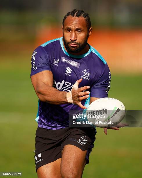 Justin Olam of the Storm in action during a Melbourne Storm NRL training session at Gosch's Paddock on June 14, 2022 in Melbourne, Australia.