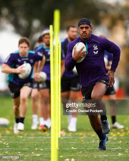 Tui Kamikamica of the Storm in action during a Melbourne Storm NRL training session at Gosch's Paddock on June 14, 2022 in Melbourne, Australia.