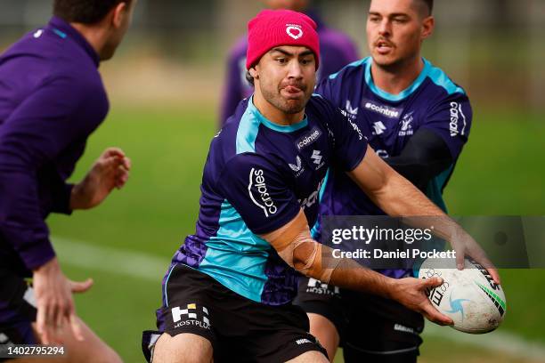 Jahrome Hughes of the Storm in action during a Melbourne Storm NRL training session at Gosch's Paddock on June 14, 2022 in Melbourne, Australia.