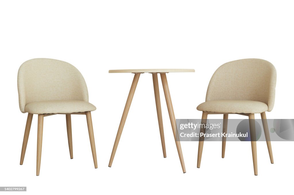 Modern wood table and chair isolated on white background with clipping path