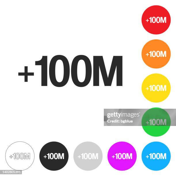 +100m, plus one hundred million. icon on colorful buttons - one plus one concept stock illustrations