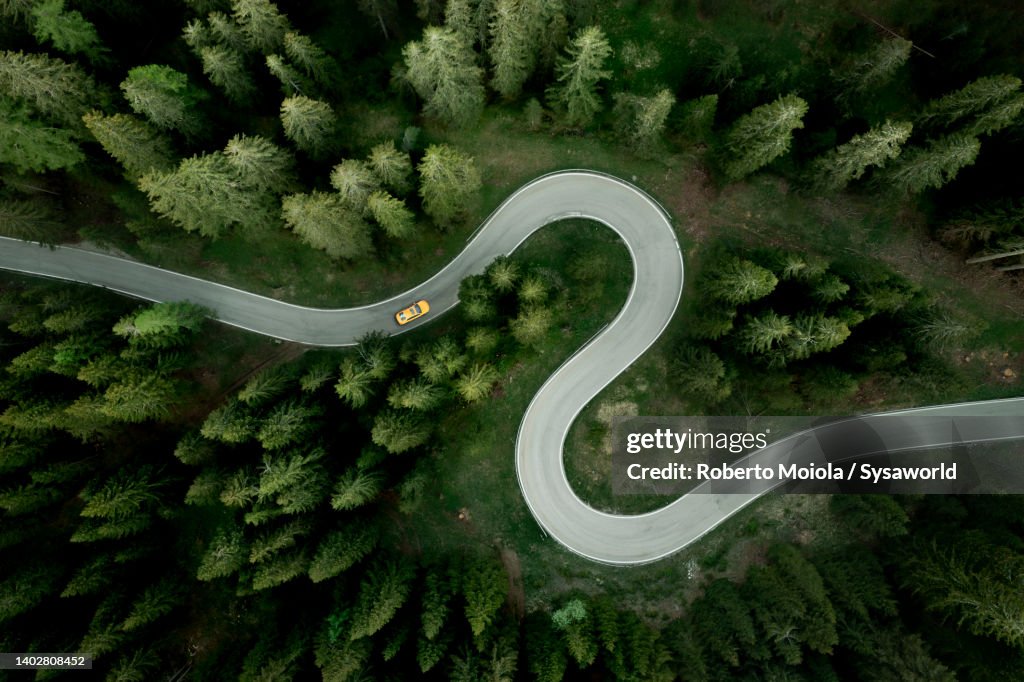 Aerial view of car traveling on winding mountain road in a forest