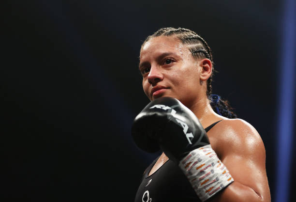 Shannon Ryan celebrates victory after the Super Flyweight fight between Shannon Ryan and Gemma Ruegg on the BOXXER fight night London at OVO Arena...