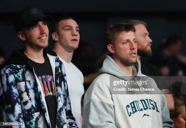 Youtubers Simon Minter "Miniminter" and Harry Lewis "Wroetoshaw" are seen ringside prior to the Cruiserweight fight between Viddal Riley and Jone...