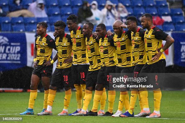 Ghana players line up during the penalty shootout following the international friendly match between Chile and Ghana at Panasonic Stadium Suita on...