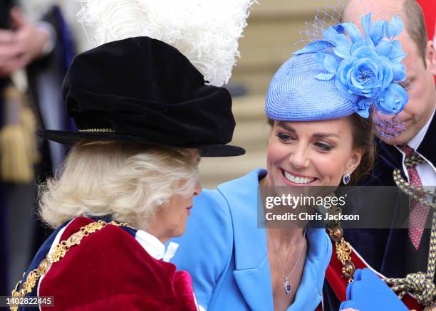 Catherine, Duchess of Cambridge and Camilla, Duchess of Cornwall attend the Order Of The Garter Service at St George's Chapel on June 13, 2022 in...