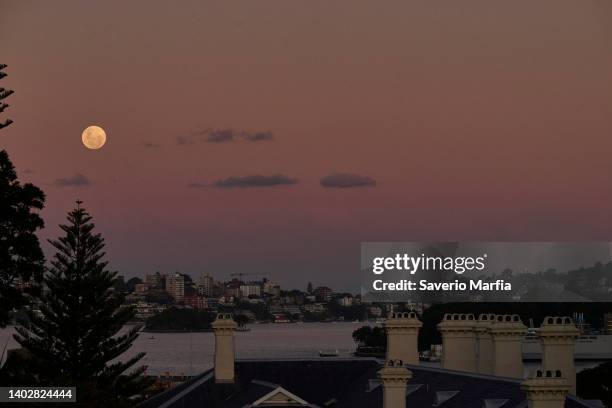 The moon is seen on June 14, 2022 in Sydney, Australia. The Strawberry Full Supermoon is one of only two supermoons this year. A supermoon is a full...