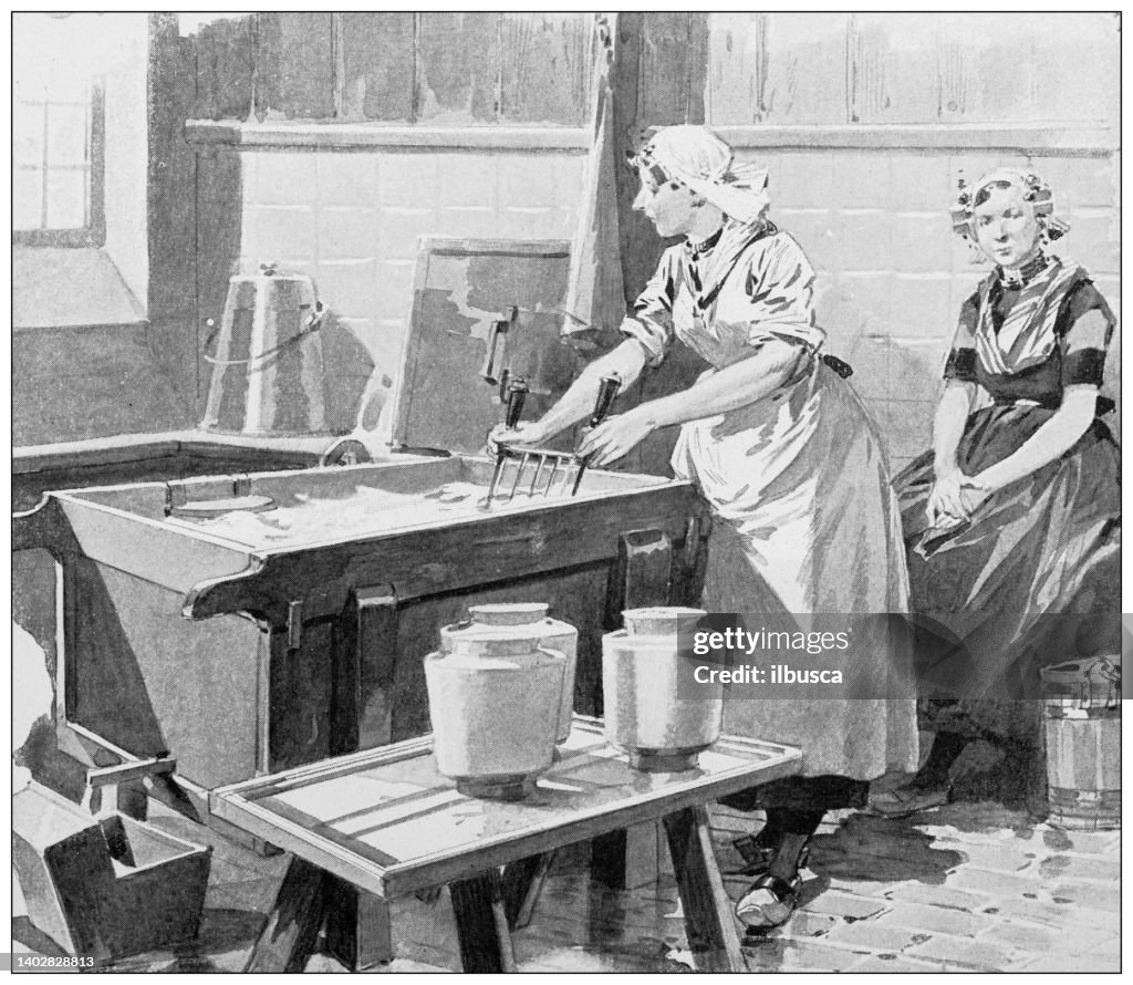 Antique illustration: Edam cheese making, Netherlands