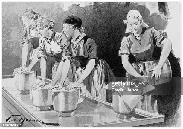 antique illustration: edam cheese making, netherlands - cheese production in netherlands stock illustrations