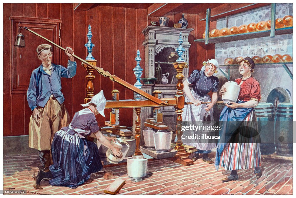 Antique illustration: Edam cheese making, Netherlands