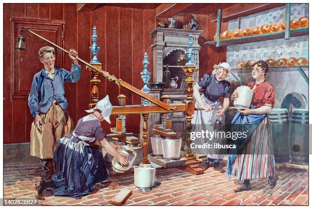 antique illustration: edam cheese making, netherlands - cheese production in netherlands stock illustrations