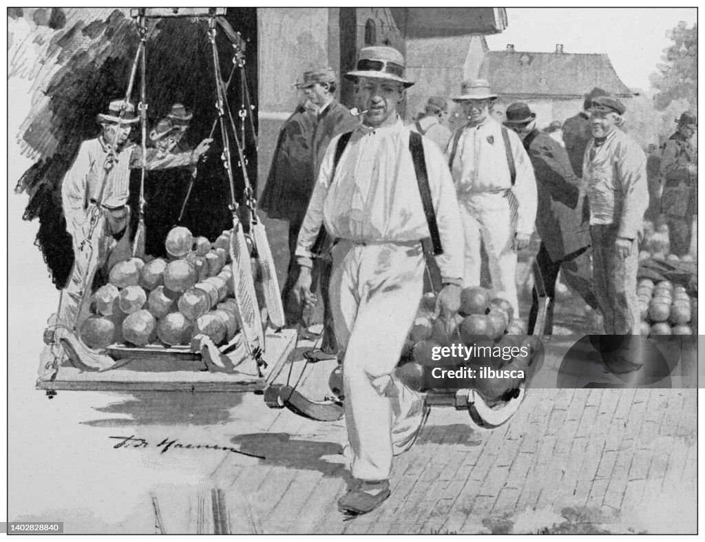 Antique illustration: Edam cheese making, Netherlands