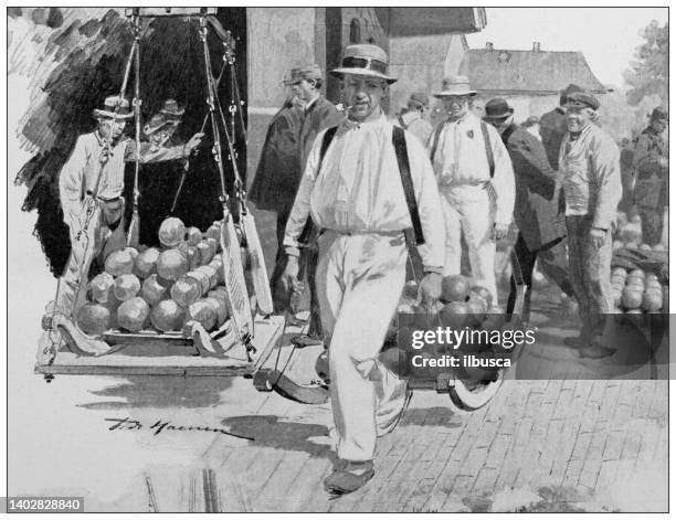 antique illustration: edam cheese making, netherlands - cheese production in netherlands stock illustrations