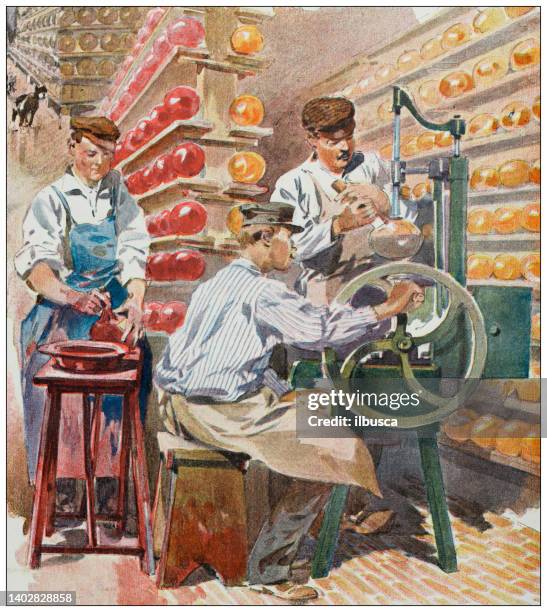 antique illustration: edam cheese making, netherlands - dairy factory stock illustrations