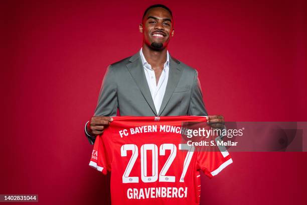 Newly signed player of FC Bayern Muenchen Ryan Gravenberch poses for a picture at Saebener Strasse training ground on June 13, 2022 in Munich,...