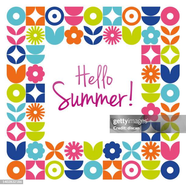summer background with modern geometric flower frame. - hello summer stock illustrations