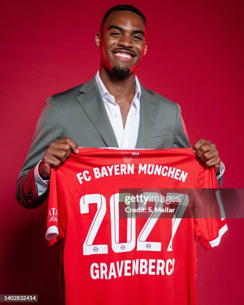 Newly signed player of FC Bayern Muenchen Ryan Gravenberch poses for a picture at Saebener Strasse training ground on June 13, 2022 in Munich,...