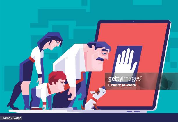 tired couple and son looking at stop sign on laptop - defeat funny stock illustrations