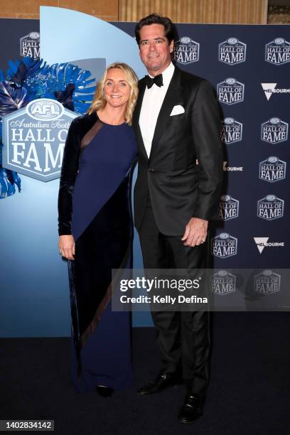 Gillon McLachlan, Chief Executive Officer of the AFL and wife Laura arrive ahead of the 2022 Australian Football Hall of Fame at Crown Palladium on...