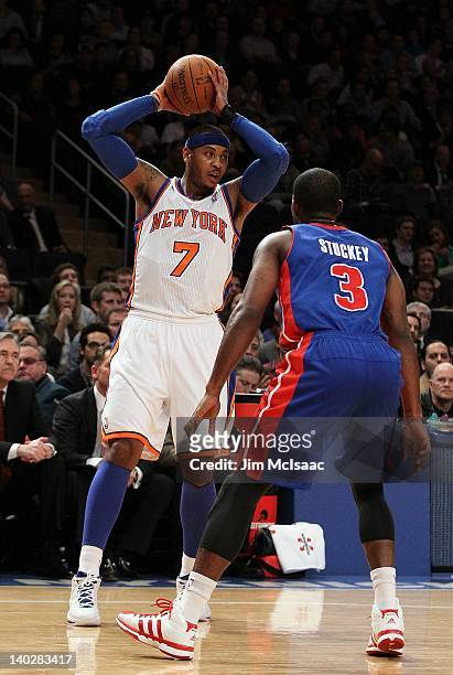 Carmelo Anthony of the New York Knicks in action against Rodney Stuckey of the Detroit Pistons on January 31, 2012 at Madison Square Garden in New...