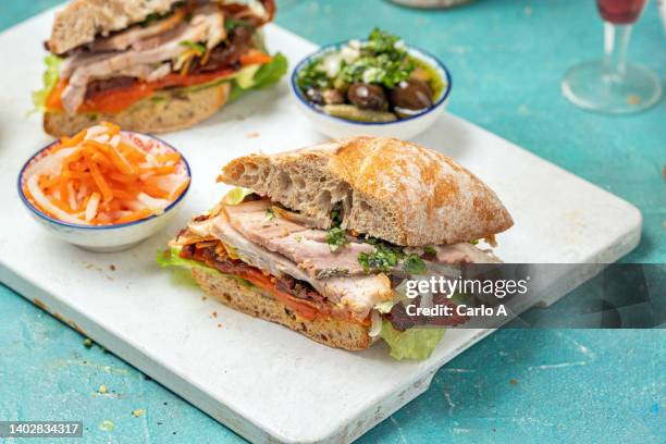 roast pork sandwich ciabatta - brotzeitbrett stock-fotos und bilder