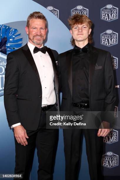 Nathan Buckley and son Jett Buckley arrive ahead of the 2022 Australian Football Hall of Fame at Crown Palladium on June 14, 2022 in Melbourne,...