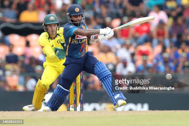 Kusal Mendis of Sri Lanka bats during the 1st match in the ODI series between Sri Lanka and Australia at Pallekele Cricket Stadium on June 14, 2022...