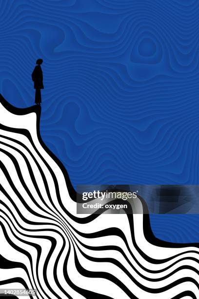 one person standing on the edge  abstract hill from white and black  lines design with blue sky background. abstract 3d geometrical background - digitaal samengesteld beeld stockfoto's en -beelden