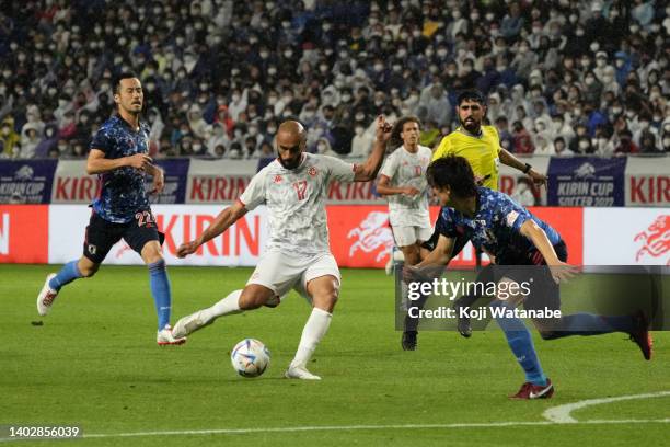 Issam Jebali of Tunisia scores his side's third goal during the international friendly match between Japan and Tunisia at Panasonic Stadium Suita on...