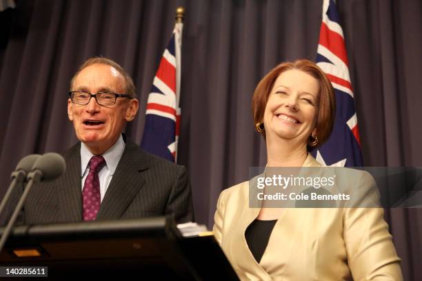 Australian Prime Minister Julia Gillard announces the make up of her reshufffled cabinet during a press conference at Parliament House on March 2,...