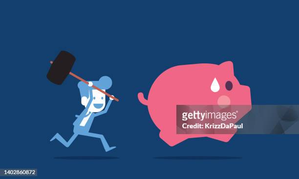businessman breaking the piggy bank - evasion fiscale stock illustrations