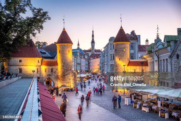 flower market and viru gate with tallinn town hall on background - tallinn, estonia - baltic states stock pictures, royalty-free photos & images