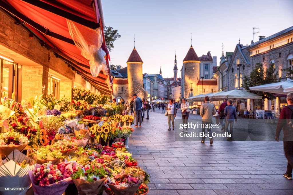 Mercado de flores y Puerta de Viru con el Ayuntamiento de Tallin al fondo - Tallin, Estonia