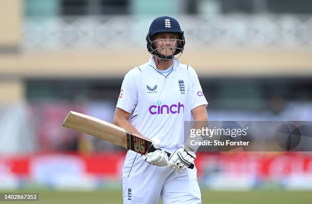 England batsman Joe Root leaves the field after being dismissed for 3 during day five of the Second Test Match between England and New Zealand at...