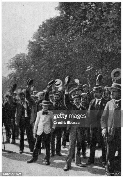 antique photo: grand prix de paris, longchamp - horse racing crowd stock illustrations