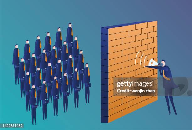 the leader uses a loudspeaker to speak to his subordinate through the wall - difficult conversation stock illustrations