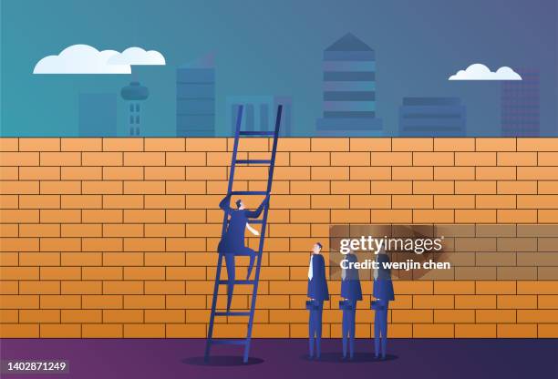 business men use a ladder to climb over the wall. - difficult group conversation stock illustrations