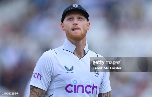 England captain Ben Stokes looks up at the scoreboard during day five of the Second Test Match between England and New Zealand at Trent Bridge on...