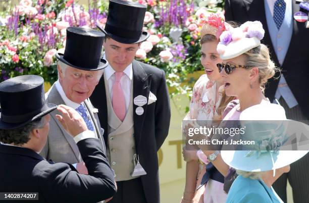 Prince Charles, Prince of Wales, Edoardo Mapelli Mozzin Princess Beatrice of York and Zara Phillips attend Royal Ascot 2022 at Ascot Racecourse on...