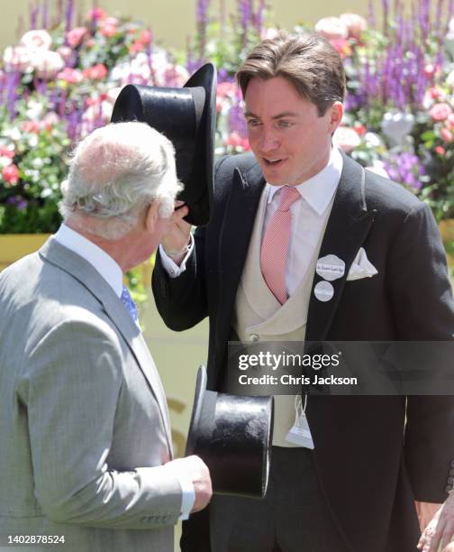 Prince Charles, Prince of Wales, speaks with Edoardo Mapelli Mozzin as they attend Royal Ascot 2022 at Ascot Racecourse on June 14, 2022 in Ascot,...