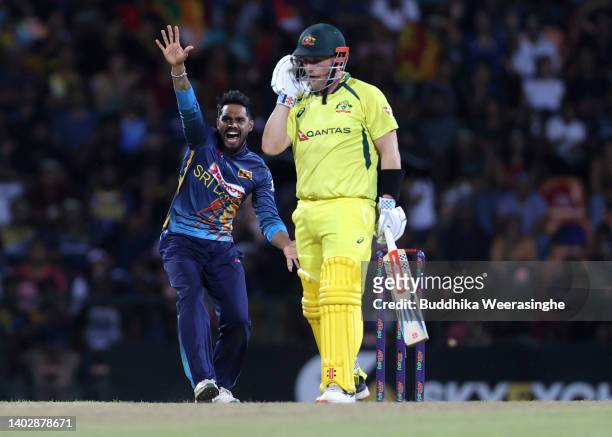 Dhananjaya de Silva of Sri Lanka celebrates dismissing Ashton Agar of Australia during the 1st match in the ODI series between Sri Lanka and...