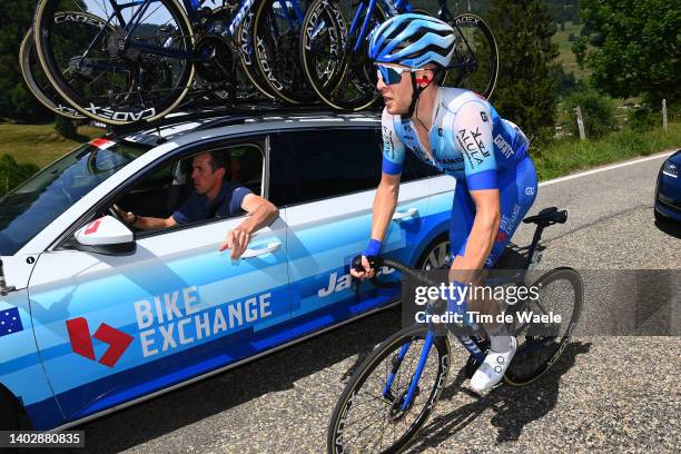 Cameron Meyer of Australia and Team BikeExchange - Jayco assisted by his sports director Mathew Hayman of Australia during the 85th Tour de Suisse...