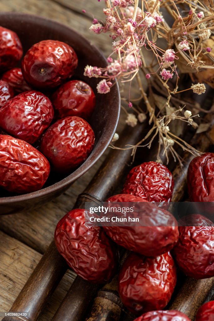 Dried red Jujube on the bamboo table