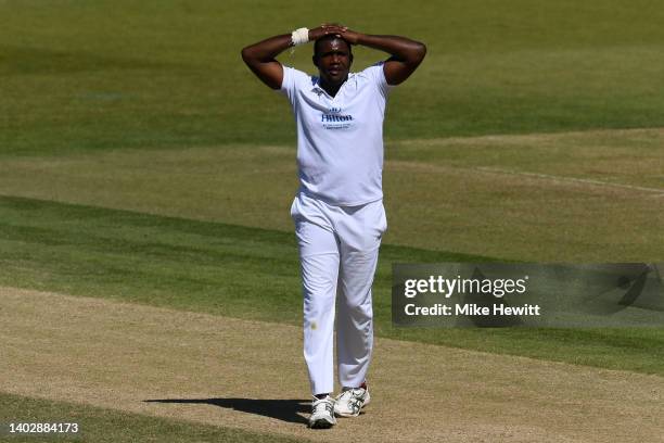 Keith Barker of Hampshire shows his frustration after beating the bat for the umpteenth time during the LV= Insurance County Championship match...