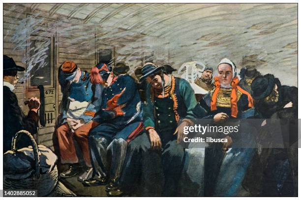 antique illustration: third class train car - crowded train stock illustrations