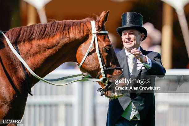 Trainer Chris Waller greets Nature Strip after winning The King's Stand Stakes during Royal Ascot 2022 at Ascot Racecourse on June 14, 2022 in Ascot,...