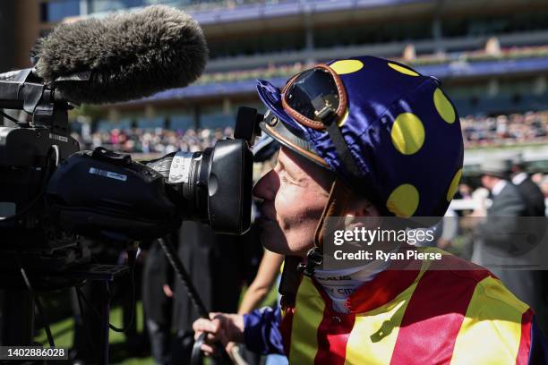 James McDonald riding Nature Strip celebrates victory in the The King's Stand Stakes during Royal Ascot 2022 at Ascot Racecourse on June 14, 2022 in...