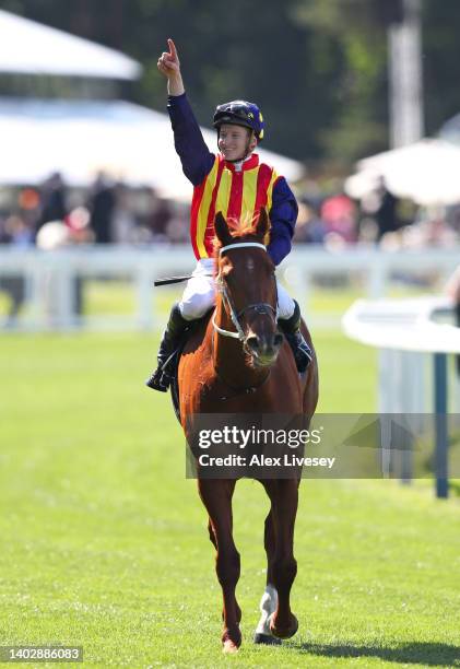 James McDonald celebrates on board Nature Strip as they win The King's Stand Stakes during Royal Ascot 2022 at Ascot Racecourse on June 14, 2022 in...