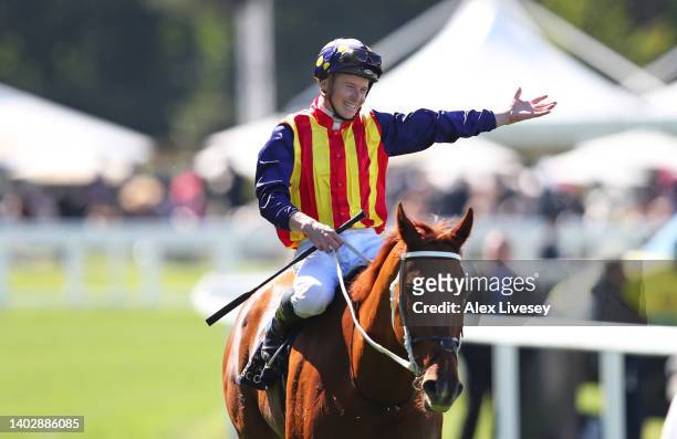 James McDonald celebrates on board Nature Strip as they win The King's Stand Stakes during Royal Ascot 2022 at Ascot Racecourse on June 14, 2022 in...